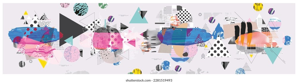 Diferentes texturas y formas de collage de ilustraciones vectoriales artísticas. Diseño abstracto colorido, fondo creativo para banner, folleto, tarjeta, invitación, volante, cartel, afiche, reportaje artístico