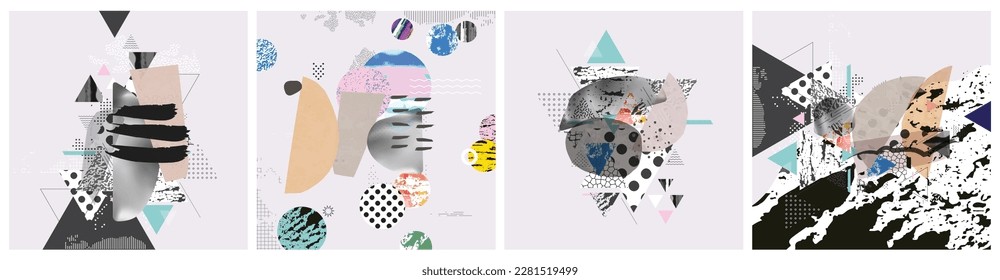 Different textures and shapes artistic vector illustration collage. Colorful abstract design, creative background for banner, brochure, card, invitation, flyer, placard, poster, report artwork