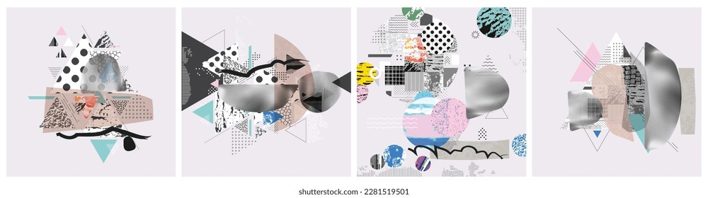 Different textures and shapes artistic vector illustration collage. Colorful abstract design, creative background for banner, brochure, card, invitation, flyer, placard, poster, report artwork