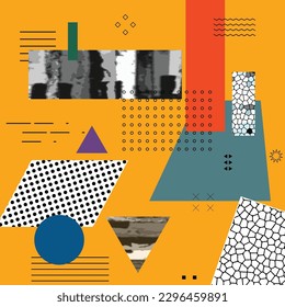 Different textures and shapes artistic vector illustration collage. Colorful abstract design, creative background for banner, brochure, card, invitation, flyer, placard, poster, report artwork	
