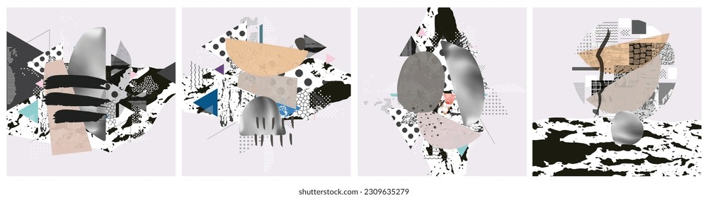 Different textures and shapes artistic vector illustration collage set. Geometric abstract design, creative background for banner, brochure, card, invitation, flyer, placard, poster, report, artwork