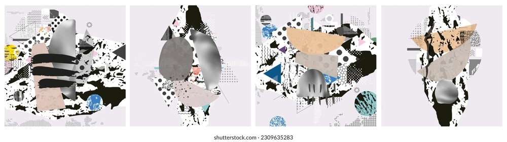 Different textures and shapes artistic vector illustration collage set. Geometric abstract design, creative background for banner, brochure, card, invitation, flyer, placard, poster, report, artwork