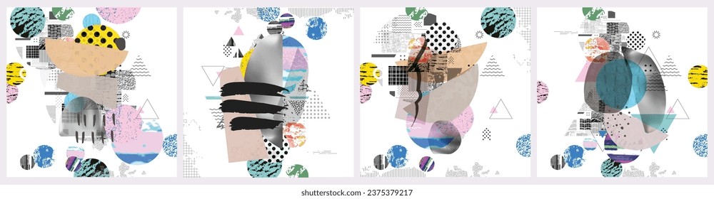 Different textures and shapes artistic vector illustration collage. Colorful abstract design, creative background for banner, brochure, card, invitation, flyer, placard, poster, report artwork