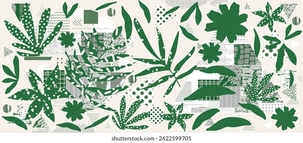 Different textures and shapes artistic vector illustration collage set. Geometric abstract design, creative background for banner, brochure. 