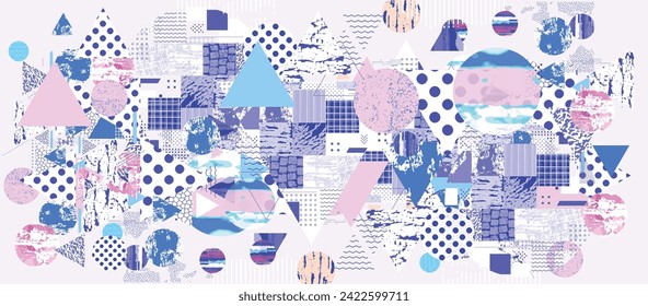 Different textures and shapes artistic vector illustration collage set. Geometric abstract design, creative background for banner, brochure, card, invitation, flyer, placard, poster, antidesign