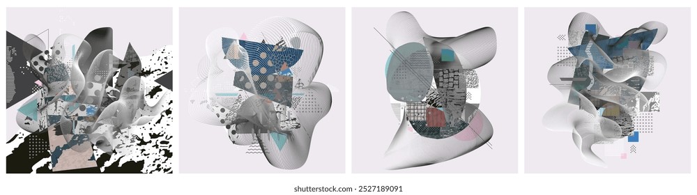 Different textures and shapes artistic vector illustration collage set. Geometric abstract design, creative background for banner, brochure, card, invitation, flyer, placard, poster, report, artwork