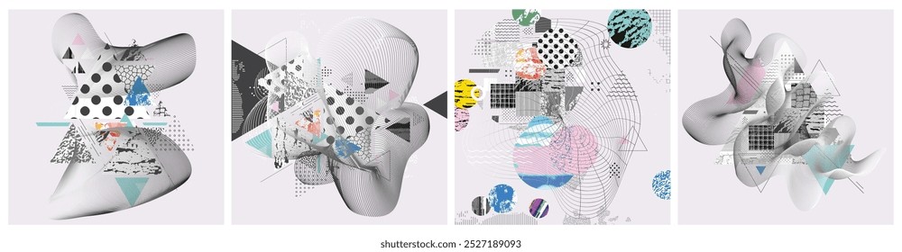 Different textures and shapes artistic vector illustration collage set. Geometric abstract design, creative background for banner, brochure, card, invitation, flyer, placard, poster, report, artwork