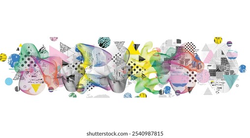 Different textures and shapes artistic vector illustration collage set. Geometric abstract design, creative background for banner, brochure, card, invitation, flyer, placard, poster, report, artwork	