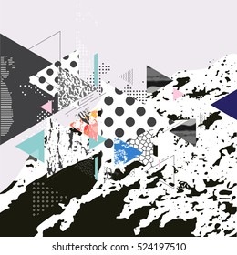 Different textures and shapes artistic vector illustration collage. Colorful abstract graphic design, creative background for poster, card, invitation, placard, brochure, flyer, banner, report artwork
