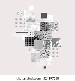 Different textures and shapes artistic vector illustration collage. Colorful abstract graphic design, creative background for poster, card, invitation, placard, brochure, flyer, banner, report artwork