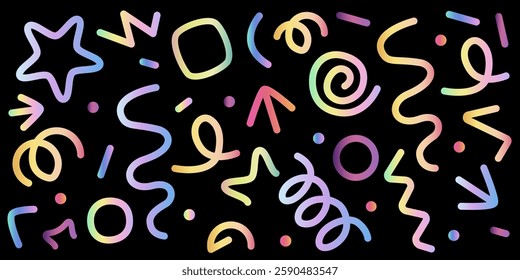 Different textures and shapes in gradient. Color isolated illustration. Different colorful line flat icons. EPS 10.