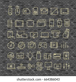 Different thin line technology, vector collection. Different silhouettes set on brick pattern