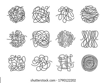 Different thin scribble lines icon set. Black doodle knots, complicated tangles and swirling wires in mess on white background vector illustration collection. Design shape and pattern concept