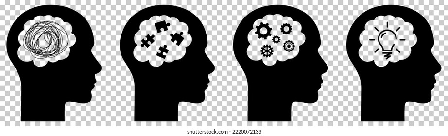 Different things inside human heads set. Vector illustration isolated on transparent background
