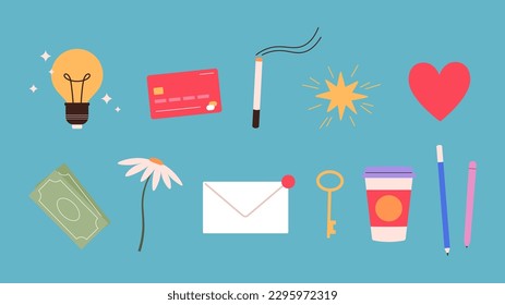 Different things, letter, cigarette, heart and money. Chamomile flower and coffee cup, key and lamp idea symbol. Business elements vector set