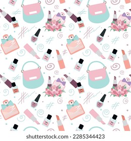  Different things for Women. Girly seamless pattern for fabric design, digital paper and backgrounds. Lipstick, bag clutch, perfume, nail polish, bouquet of flowers.