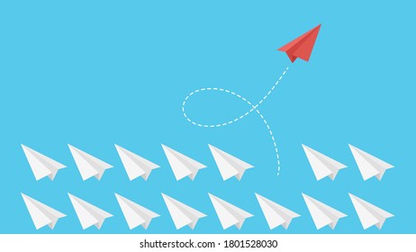 Different thinking. Business leader, personality growth metaphor. Paper plane flying, choice of another way vector concept