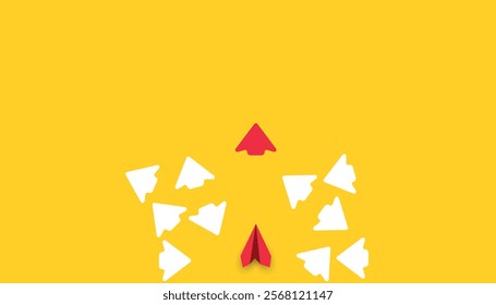 Different thinking, Business leader, personality development idea concept.
many arrows pointing in different directions and only aircraft going in the red direction.