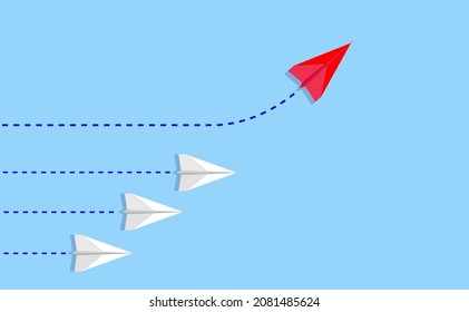 Different thinking, Courage to risk. leadership concept. Red paper plane changing direction from the group. Flat vector illustrations