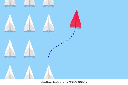 Different thinking, Courage to risk. leadership concept. Red paper plane changing direction from the group. Flat vector illustrations