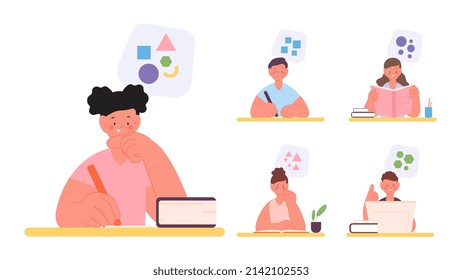 Different thinking types. Logic, creativity, abstract and mixed mind processes. Kids think diverse. Cartoon students reading and writing, education vector characters