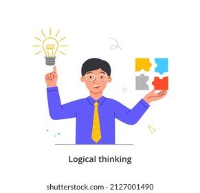 Different thoughts and feelings abstract concept. Young smart man comes up with new idea, solves problem and promotes business. Thinking character. Cartoon flat vector illustration in doodle style