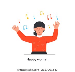 Different thoughts and feelings abstract concept. Happy woman smiles and listens to music. Positive emotions, optimism and psychological stability. Cartoon flat vector illustration in doodle style
