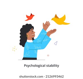 Different thoughts and feelings concept. Happy smiling woman stretches out her hands to beautiful birds. Psychological stability and mental health. Cartoon flat vector illustration in doodle style