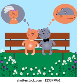 Different thoughts.  Two cute cartoon kittens in love, thinking about different things
