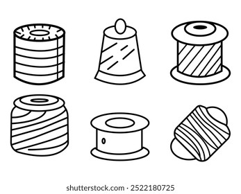 Diferentes carretéis de fios para costura e conjunto de tricô bordado