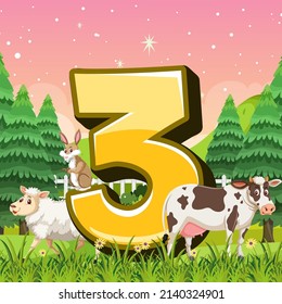 Different three animals attached to number three illustration