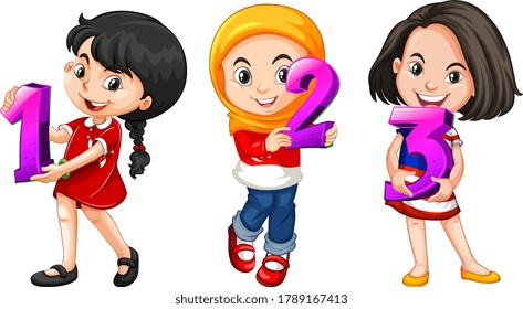 Diferentes tres niños sostienen la ilustración del número matemático