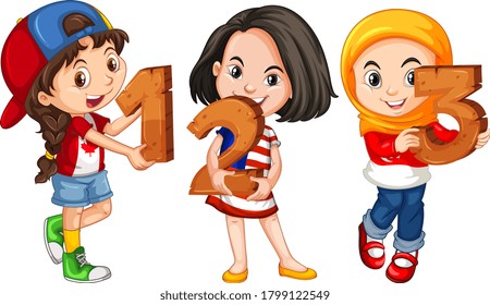 Different three kids holding math number illustration