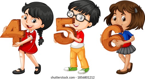 Different three kids holding math number illustration