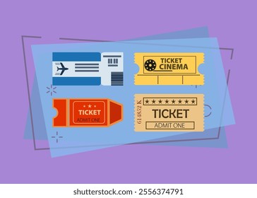 Different tickets illustration set. Boarding pass, admit, cinema tickets.  Admission concept. Vector illustrationscan be used for topics like entertainment, leisure, travel