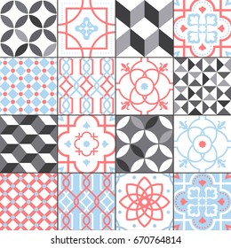 Different tiles pattern collection. Colorful and monochrome tracery set. Traditional and modern ornament vector illustration.