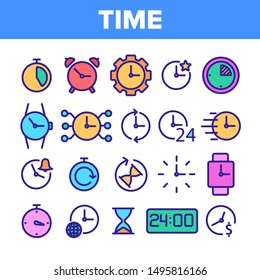 Different Time Clock Collection Vector Icons Set Thin Line. Hourglass And Watch, Alarm-clock And Electronic Digital Clock Concept Linear Pictograms. Monochrome Contour Illustrations