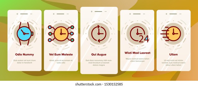 Different Time Clock Onboarding Mobile App Page Screen Vector Icons Set Thin Line. Hourglass And Watch, Alarm-clock And Electronic Digital Clock Concept Linear Pictograms. Contour Illustrations