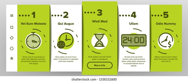 Different Time Clock Onboarding Mobile App Page Screen Vector Icons Set Thin Line. Hourglass And Watch, Alarm-clock And Electronic Digital Clock Concept Linear Pictograms. Contour Illustrations