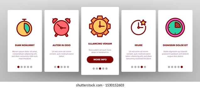 Different Time Clock Onboarding Mobile App Page Screen Vector Icons Set Thin Line. Hourglass And Watch, Alarm-clock And Electronic Digital Clock Concept Linear Pictograms. Contour Illustrations