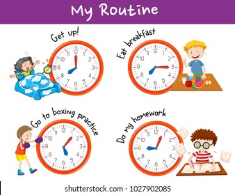 Different times and activities for kids illustration