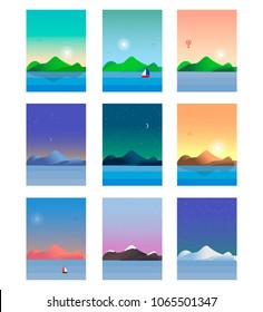 Different times the day  Nature landscape  Mountains   lake  Backgrounds set for posters   flyers covers  vector illustration