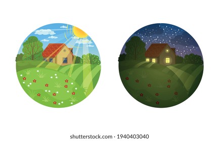 Diferentes momentos del día, vista de la pequeña casa rural en vectores de dibujos animados nocturnos y diurnos Ilustración