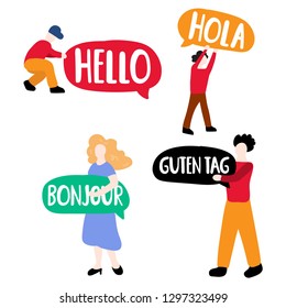 Different tiny people with speech bubbles: hola, guten tag, bonjour, hello. Bilingual translation concept. Vector business illustration on white background.