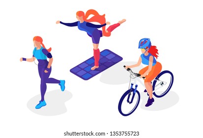 Different tipes of sports. Running, cycling and yoga. Young women do activities. Isometric flat 3d illustrations on a white background
