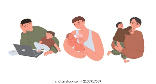 Different tired parent takes care of the baby. Men Feeds from a bottle baby. Helps with homework. The concept of parenthood.  Vector flat illustration on an isolated white background.