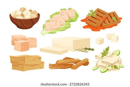 Diferentes variedades de tofu, incluindo cubos, grelhados e fatiados estilos, mostrados com guarnições e vegetais, ideal para conceitos de comida vegetariana e vegana, isolado no vetor de fundo branco