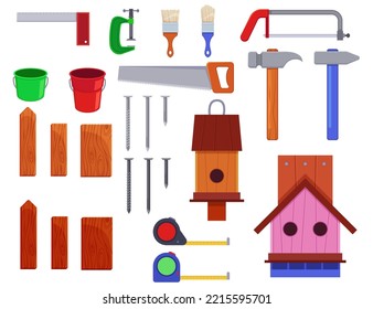 Se establecen diferentes herramientas para construir ilustraciones vectoriales de aves. Colección de planos de materiales y equipos para el hogar de aves, tablas de madera sobre fondo blanco. Carpintería, carpintería, artesanía