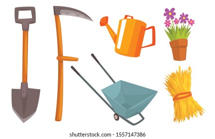 Different tools for a farm and a flower in a pot. Vector illustration.