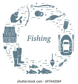 Different tools for fishing arranged in a circle. Template for your design, banner, poster or print.